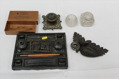 Lot 1931 - Black Forest carved wood inkwell in the form of a pine cone, together with other inkwells and ink stands