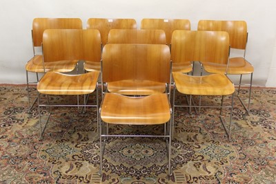 Lot 1961 - Set of eight Howe 40/4 plywood stacking chairs by David Rowland, bent ply back and seat on metal rod understructure, maker's labels to underside