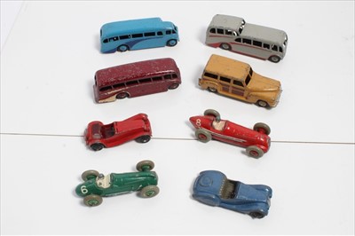 Lot 1358 - Dinky toys selection of early unboxed cars, buses, racing cars including Frazer- Wash, Jaguar, Cooper Bristol, Observation coach, Luxury coach and others (8)