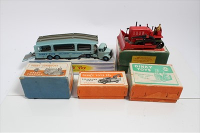 Lot 1363 - Dinky heavy tractor 563, Breakdown lorry 25X,  Blaw Knox Bulldozer 561, Coventry Forklift Truck 14C, Pullmore Car Transporter 582, all boxed (5)