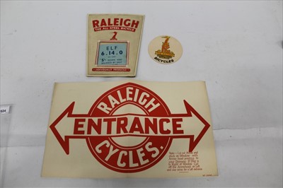 Lot 1624 - Scarce Raleigh Cycles shop cardboard display / price sign together with another Raleigh dealership sign