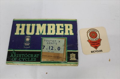 Lot 1625 - Two Scarce Pre-War Humber Cycles shop display price boards