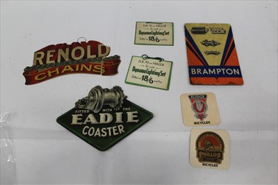 Lot 1626 - Group of scarce cycle shop advertising cardboard advertising signs to include Eadie Coaster, Lucas and Brampton (qty)