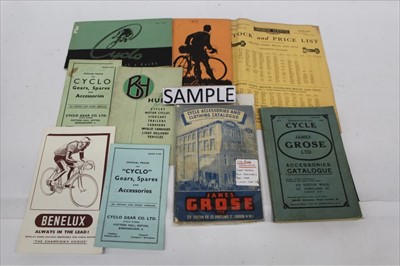 Lot 1627 - Group of pre and post War cycle accessories and spare parts catalogues and brochures to include Cyclo, Perry and Dunlop