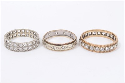 Lot 204 - 9ct white gold double row ring, together with a 9ct gold band and a 9ct gold eternity ring