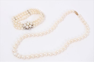 Lot 205 - Cultured pearl necklace with a gold clasp, together with a triple strand pearl bracelet
