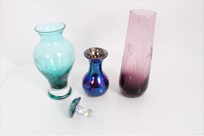 Lot 992 - Adrian Sankey iridescent art glass vase, similar mushroom and two Caithness etched and coloured glass vases