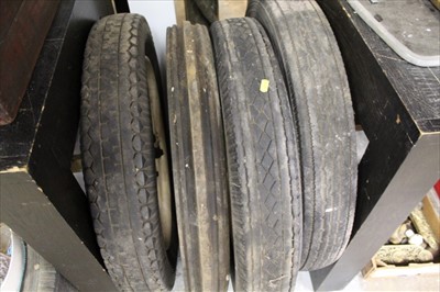 Lot 1636 - Group of four Pre War Sankey type wheels and tyres, believed to have been removed from a Pre War Morris