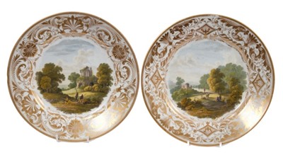 Lot 54 - Pair of early 19th century Crown Derby plates, each painted with landscape scenes, one of Derbyshire and the other of Italy, both marked to base, 22.5cm diameter