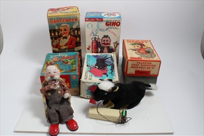 Lot 1395 - Selection of boxed automatons including Bartender, Smokin Grandpa, Crap Shooting Monkey, Gino Neopolitan Balloon Blower, Fighting Bull