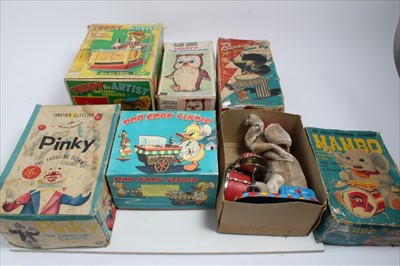 Lot 1396 - Selection of boxed automatons including Barney Bear the Drummer Boy, Mamb the Jolly Drumming Elephant, Teddy the Artist, Pinky the Juggling Clown, Hooty the Happy Owl, Popcorn Vendor (6)