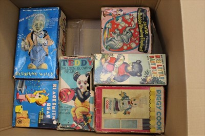 Lot 1397 - Selection of boxed automatons including Jumbo the Bubble Blowing Elephant, Wee Little Baby Bear, Piggy Cook, Teddy Balloon Blowing Bear, Blacksmith Bear, 'Blushing Willy' (6)