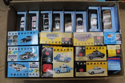 Lot 1408 - Diecast selection of police vehicles in four boxes, manufacturers including Corgi, Dinky, Lledo, Vanguards etc (qty)