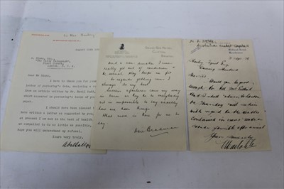 Lot 1037 - Sir Donald Bradman (1908-2001) handwritten autograph letter, together with another from M A Noble, Australian cricket captain and another from South African international cricketer Sir Abe Bailey....