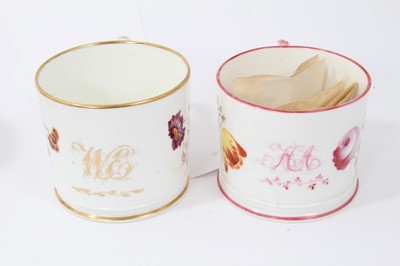 Lot 51 - Good collection of six mid-19th century floral painted mugs with dedications, dates etc