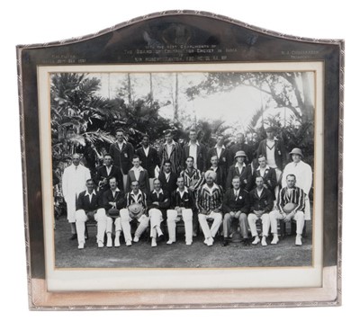 Lot 668 - Of Cricket interest - silver mounted photo of an Indian cricket team, engraved dedication to Hubert Ashton from the Board of Control for Cricket in Indian Calcutta 1961