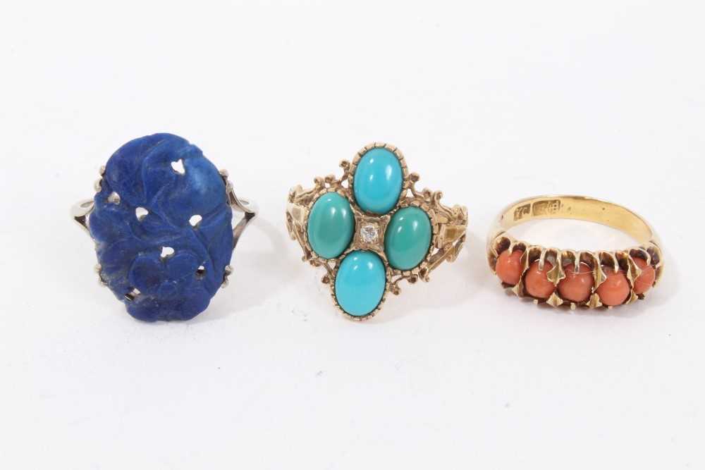 Lot 174 - 9ct gold turquoise cluster ring, Chinese gold opal five stone ring and 9ct white gold carved lapis lazuli ring