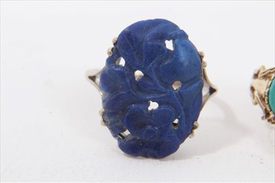 Lot 174 - 9ct gold turquoise cluster ring, Chinese gold opal five stone ring and 9ct white gold carved lapis lazuli ring