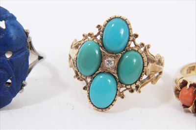 Lot 174 - 9ct gold turquoise cluster ring, Chinese gold opal five stone ring and 9ct white gold carved lapis lazuli ring