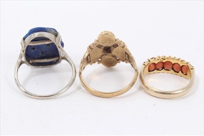 Lot 174 - 9ct gold turquoise cluster ring, Chinese gold opal five stone ring and 9ct white gold carved lapis lazuli ring