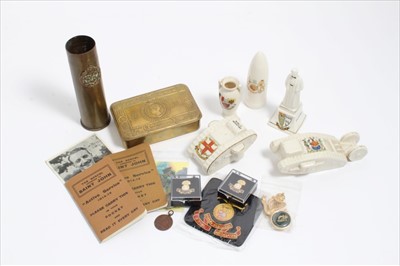 Lot 705 - First World War Princess Mary Gift Tin, together with Battlefield finds, Trench Art Vase, First World War crested china and other Militaria