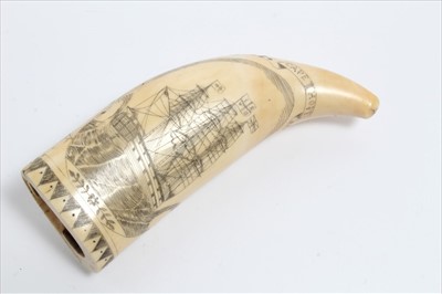 Lot 1952 - Antique Scrimshaw Whale tooth engraved on one side with a tall ship inscribed 'Cape Hope' and inscribed 'love boat' on reverse depicting