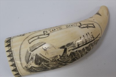 Lot 1952 - Antique Scrimshaw Whale tooth engraved on one side with a tall ship inscribed 'Cape Hope' and inscribed 'love boat' on reverse depicting