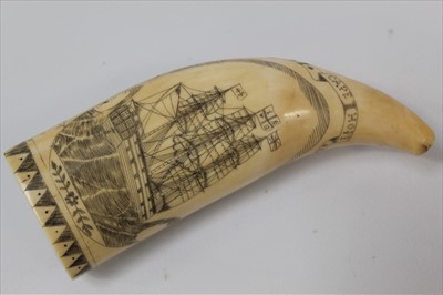 Lot 1952 - Antique Scrimshaw Whale tooth engraved on one side with a tall ship inscribed 'Cape Hope' and inscribed 'love boat' on reverse depicting