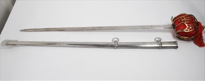 Lot 798 - Reproduction Scottish Regimental officers' Claymore sword with basket hilt, wire bound leather grip, polished steel blade in scabbard