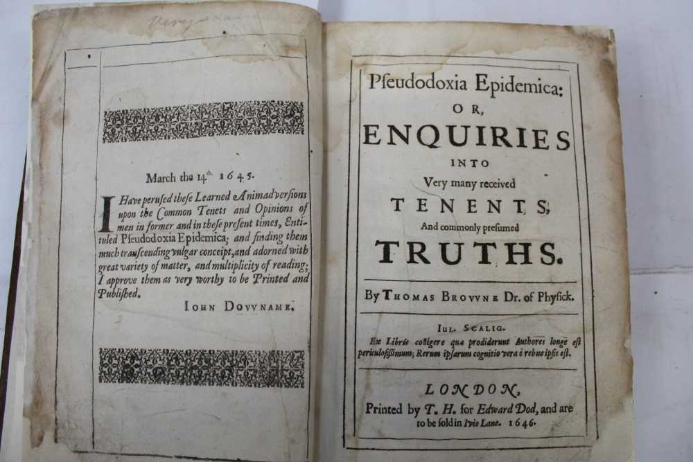 Lot 1328 - Thomas Browne - Pseudodoxia Epidemica, published London 1646, 1st edition early leaves have reinforced edges, full calf - new spine, new label