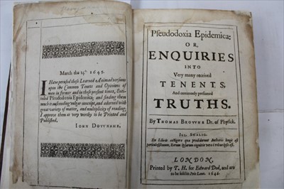 Lot 1013 - Thomas Browne - Pseudodoxia Epidemica, published London 1646, 1st edition early leaves have reinforced edges, full calf - new spine, new label