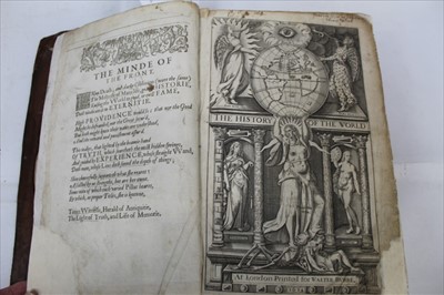 Lot 1012 - Sir Walter Raleigh - History of the World, printed for Walter Burne 1614, folio, Early calf binding with repairs first five leaves, The Minds of the Front and engraved title, engraved portrait on s...