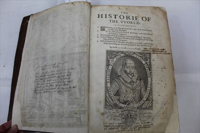 Lot 1330 - Sir Walter Raleigh - History of the World, printed for Walter Burne 1614, folio, Early calf binding with repairs first five leaves, The Minds of the Front and engraved title, engraved portrait on s...