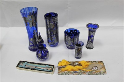 Lot 1005 - Collection of six Luagharne blue glass with silver overlaid floral decoration