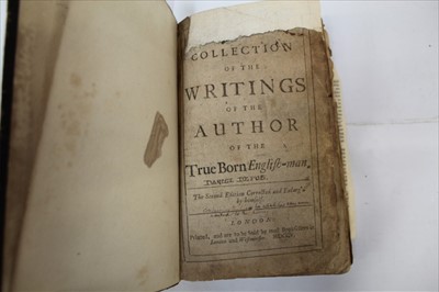 Lot 1304 - Daniel Defoe. -  ‘Writings of the author of the True Born Englishman’ 1705, second edition, patching to title page, full calf