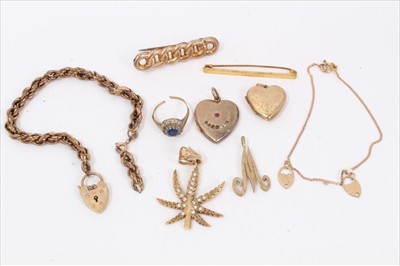 Lot 219 - Group 9ct gold including pendants, bar brooch, padlock bracelet and other gold jewellery