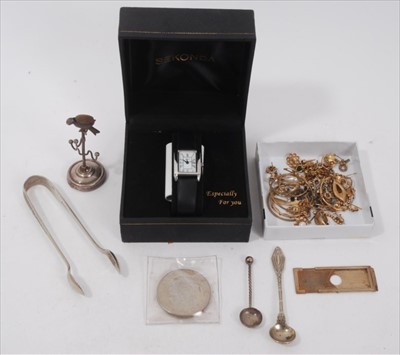 Lot 220 - Group yellow metal and other earrings, silver parrot pin cushion, Sekonda wristwatch and bijouterie