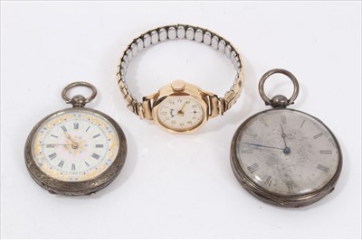 Lot 245 - 9ct gold cased wristwatch and two silver fob watches
