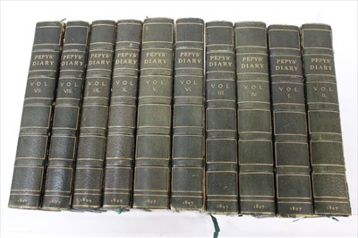 Lot 1318 - Samuel Pepys - Dairy, Editor Henry B Wheatley, London 1897-99, ten volumes including supplementary volume "Pepysiana", marbled boards