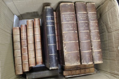 Lot 1319 - Four volumes Burns Works, 1800, Nicholas Culpepper - The English Physician, 1775, Nicholas Culpepper - The Complete Herbal, 1846, Pitcairn's Crimal Trials - 3 volumes, Hudibras, with Hogarth engrav...