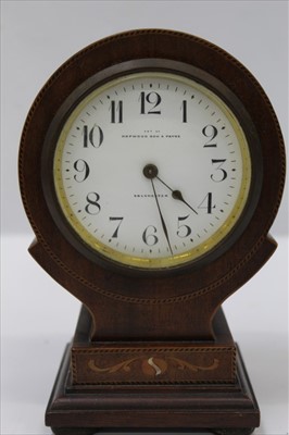 Lot 1971 - Edwardian Mahogany cased mantel clock with inlaid decoration, retailed by Hopwood Son & Payne, Colchester