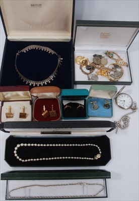 Lot 252 - Silver pocket watch on silver chain, silver rope twist chain, various cufflinks, costume jewellery and bijouterie
