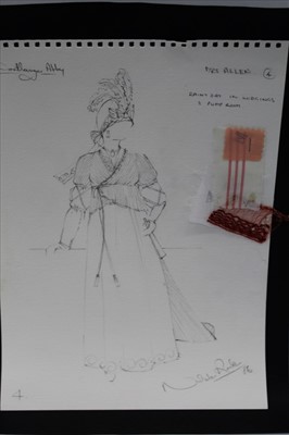 Lot 1972 - A selection of costume designs in graphite and watercolour with fabric swatches by Nicholas Rocker signed and dates 1986.  For the BBC's adaptation of Jane Austin's Northanger Abbey.