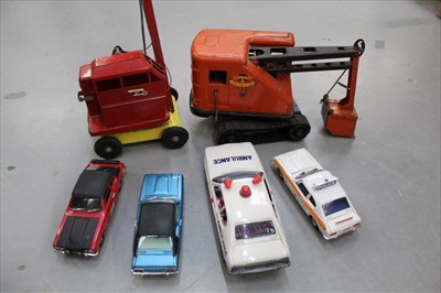 Lot 1438 - Tri-ang tin plate Crane, together with two another tin plate models and three Dinky Ford Capri models (6)