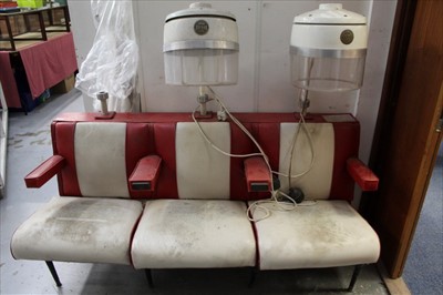 Lot 1979 - 1950's / 60's Red and White Vinyl three seater Hair salon bench with two hoods