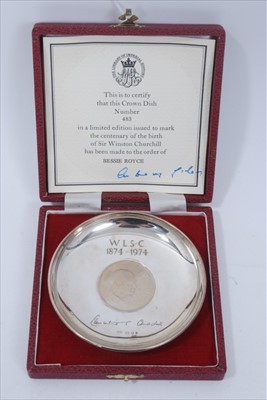 Lot 257 - Vintage Sir Winston Churchill centenary silver dish, set with a Churchill Crown, in fitted presentation box