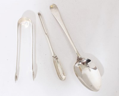 Lot 303 - Early silver table spoon, a pair of Georgian silver sugar tongs and a white metal marrow scoop.