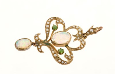 Lot 547 - Gold and seed pearl and opal pendant and pair of earrings