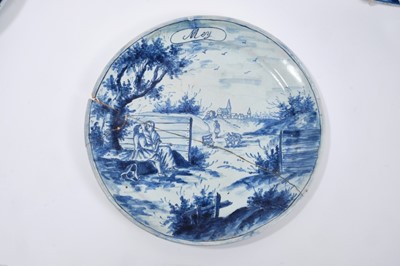 Lot 53 - Set of eight 19th century Dutch delft calendar plates, hand painted with various scenes, mark to bases, 23.5cm diameter