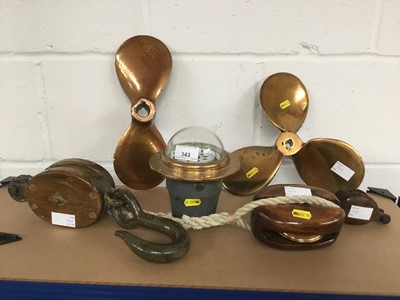 Lot 343 - Sestrel ships Binnacle, two ships propellers and pulleys
